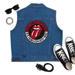 Rolling Stones x Forever 21 Blue Denim Vest Women's Large Rock Band Patch in EUC